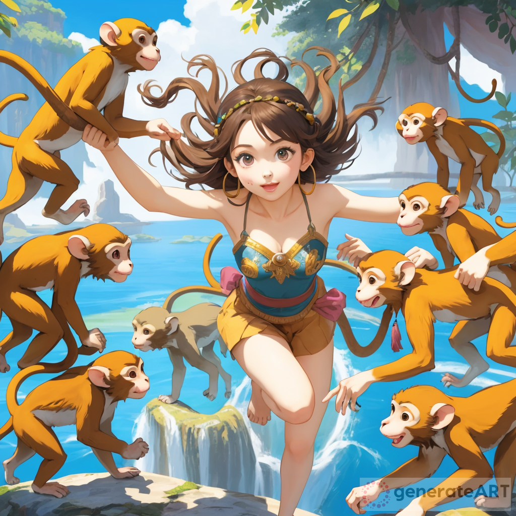 Playful Connection: Girl and Monkeys Interaction