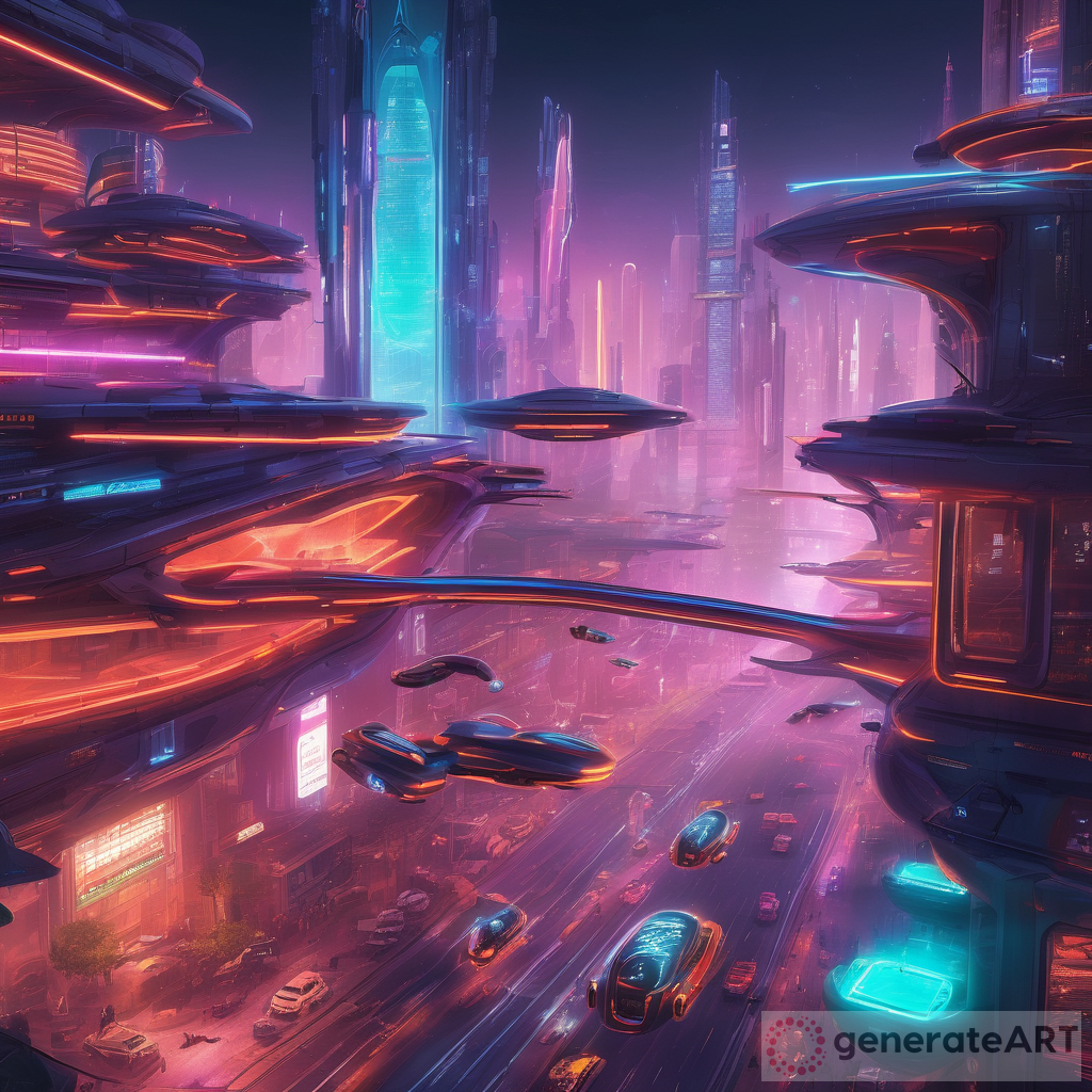 Futuristic Cityscape with Neon Lights and Flying Vehicles