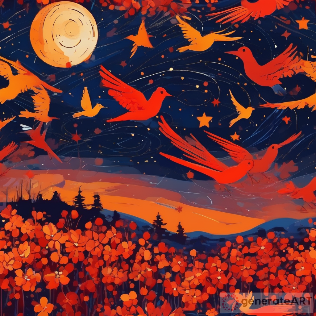 Starry Night AI Art: Reds, Oranges & Birds