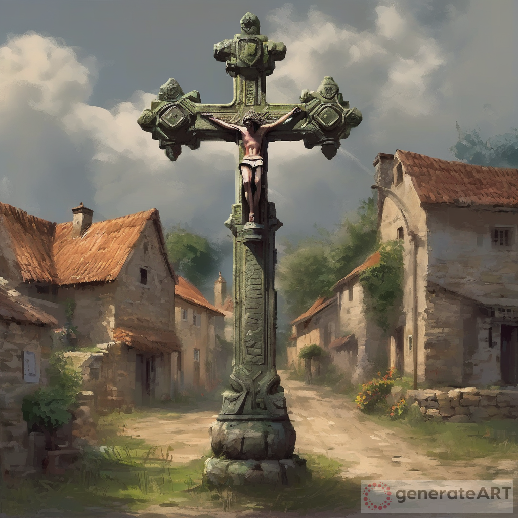 Enchanting Village Cross AI Artwork