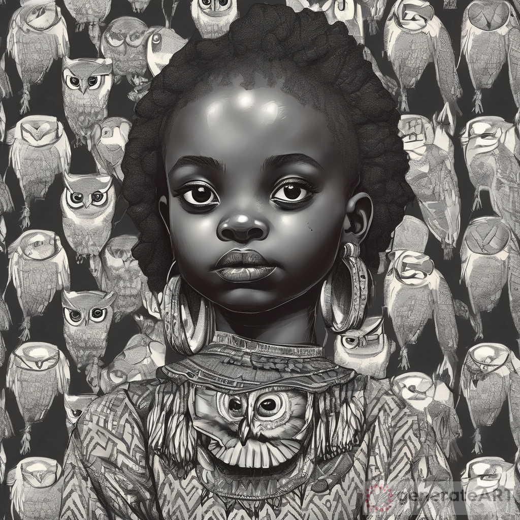 Mysterious African Girl with Owl Head in Moonlight