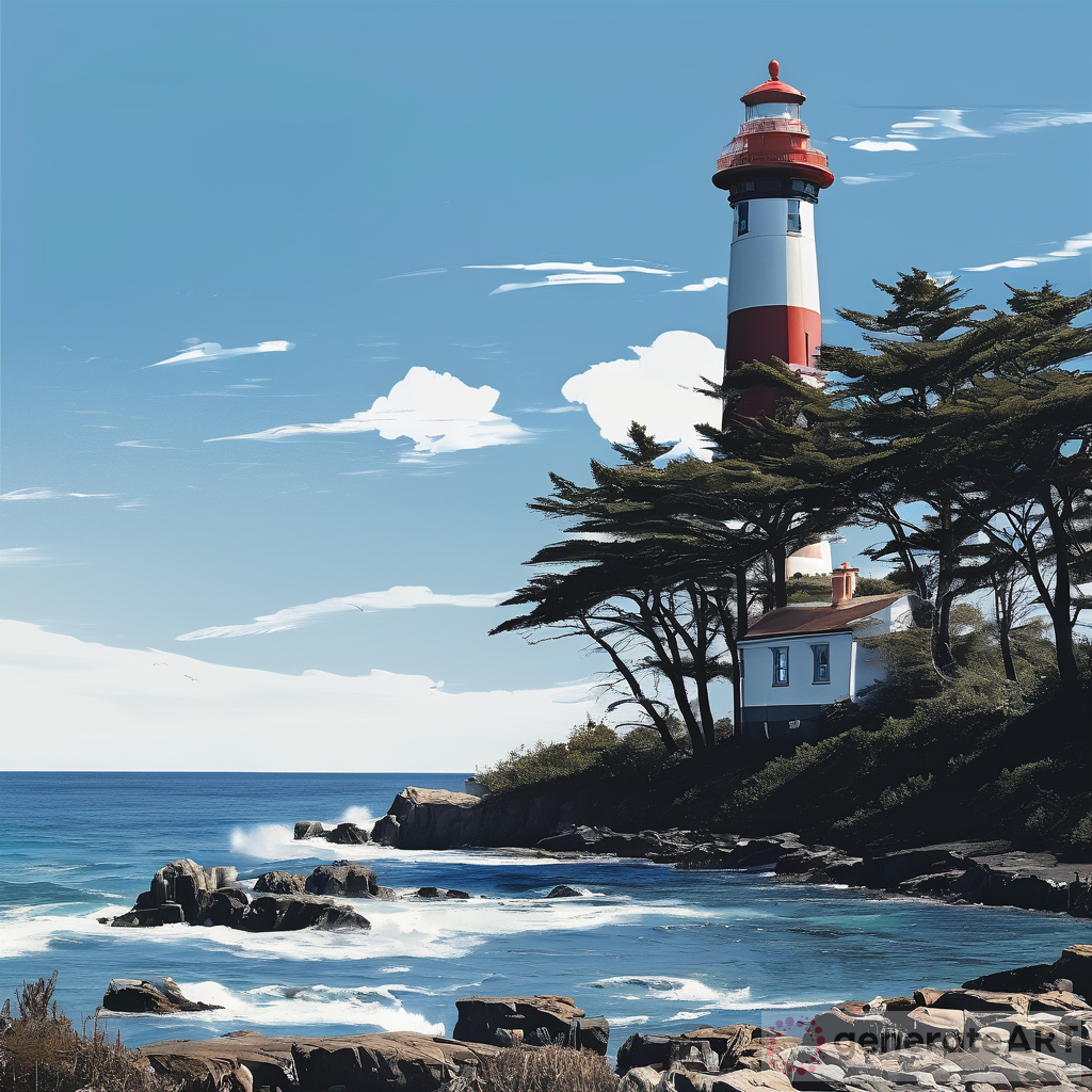 Captivating Art: Blue Sky, Ocean, Trees, Lighthouse