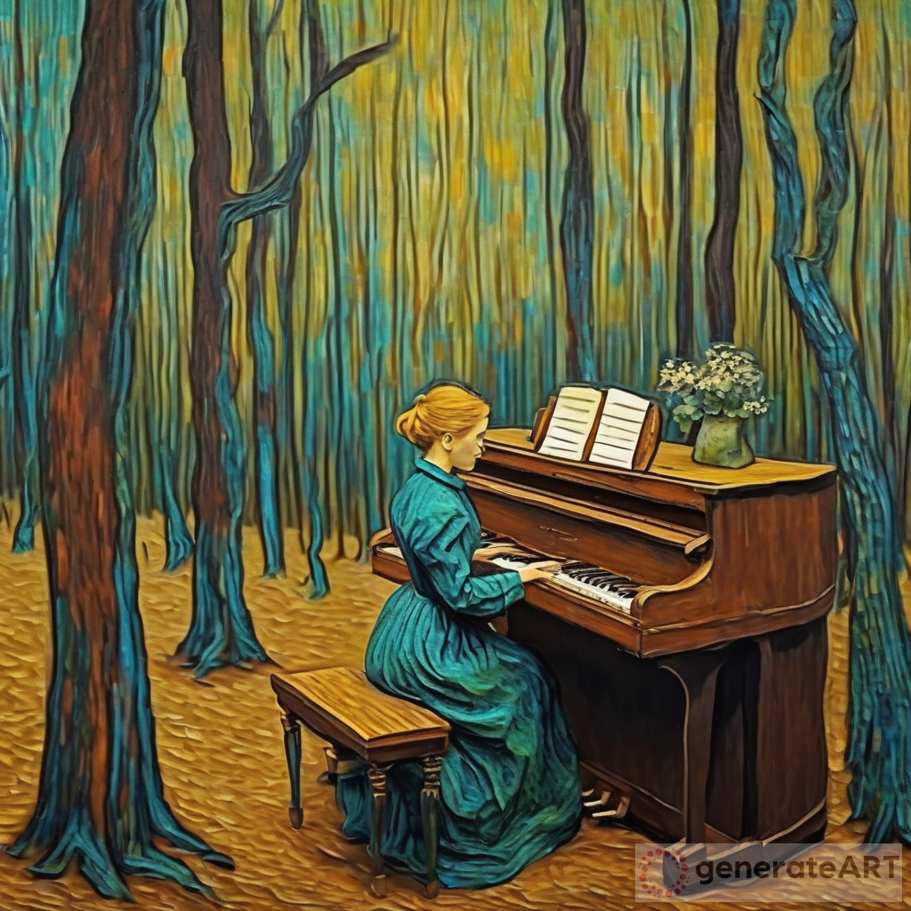 Lady in the woods playing piano van gogh style