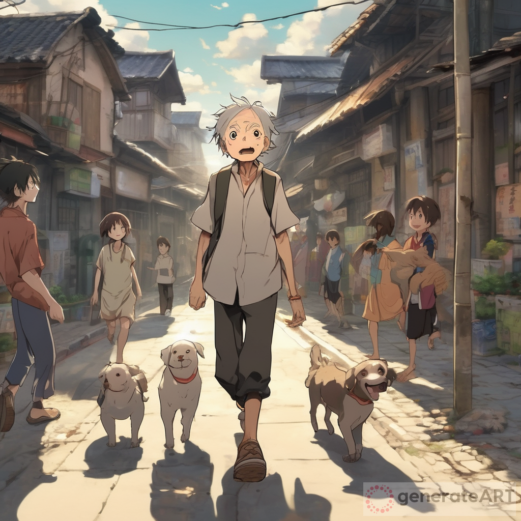 Anime Sunset: Young Boy, Friends, and Birds