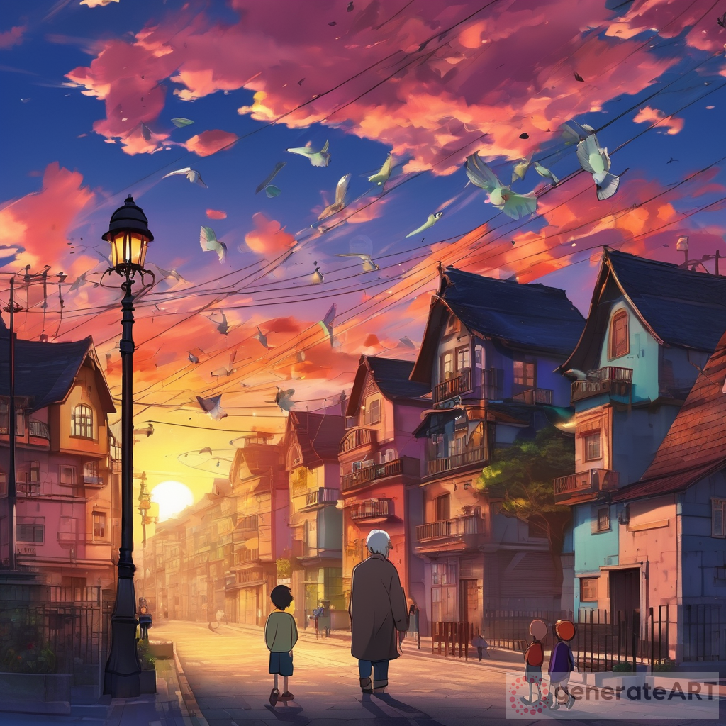 Anime Sunset: Old Man and Children on Colorful Street