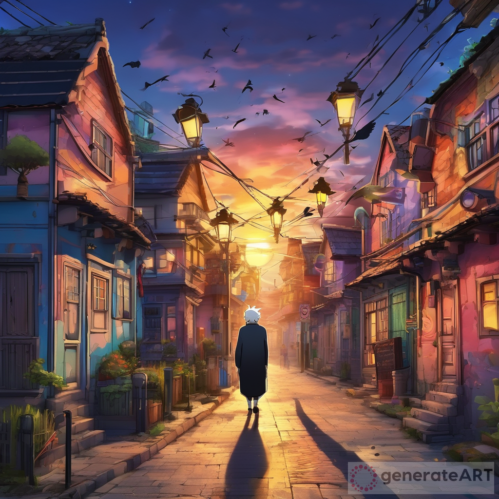 Anime Sunset: Old Man, Children, and Colorful Street