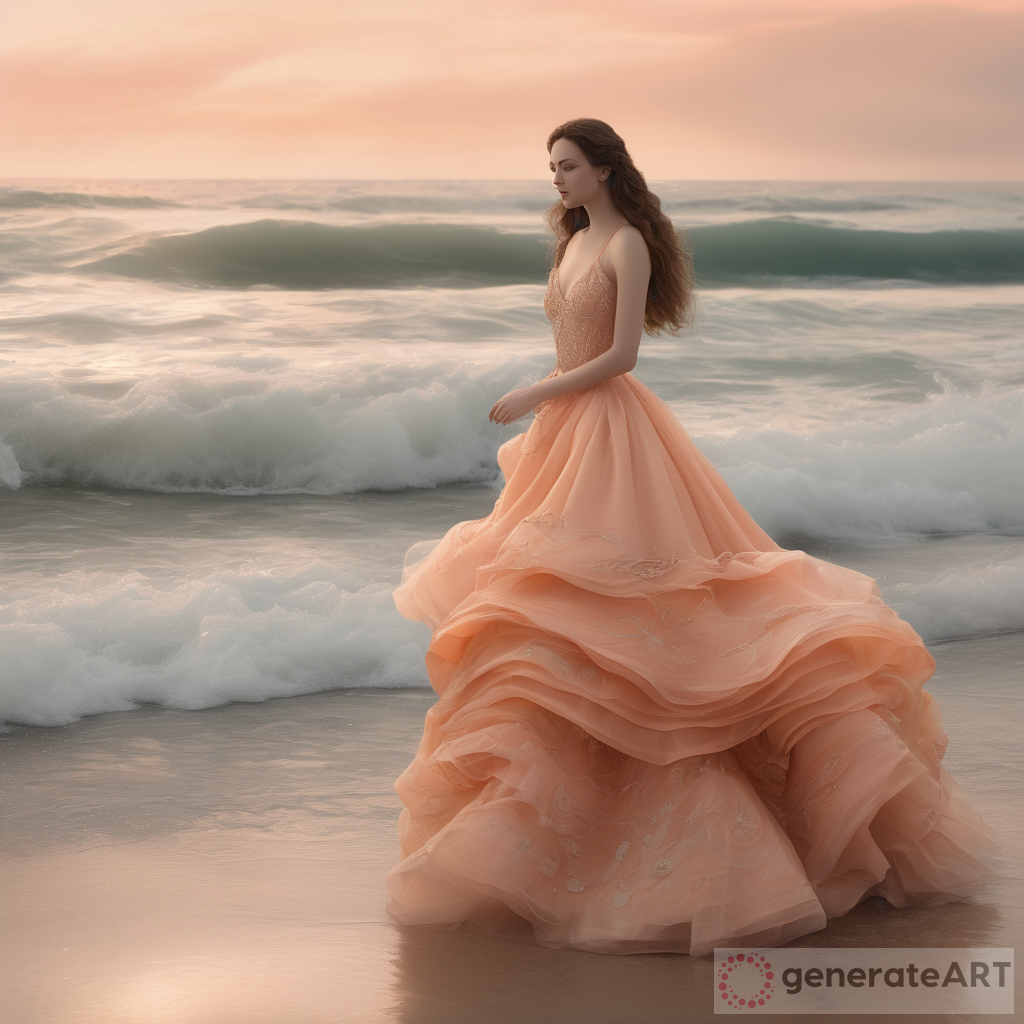 Enchanting Fantasy Tale: Peach Ball Gown on Beach