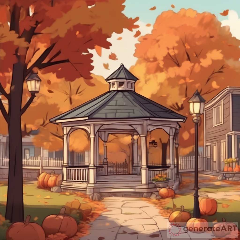 Cozy Small Town Courtyard with Gazebo in Fall Animated