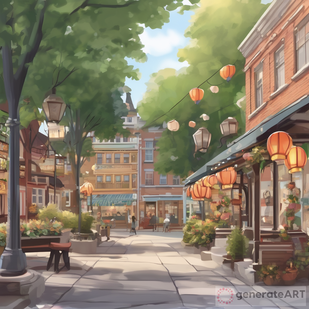 Charming Cozy Street in Summer with Store Fronts and Gazebo