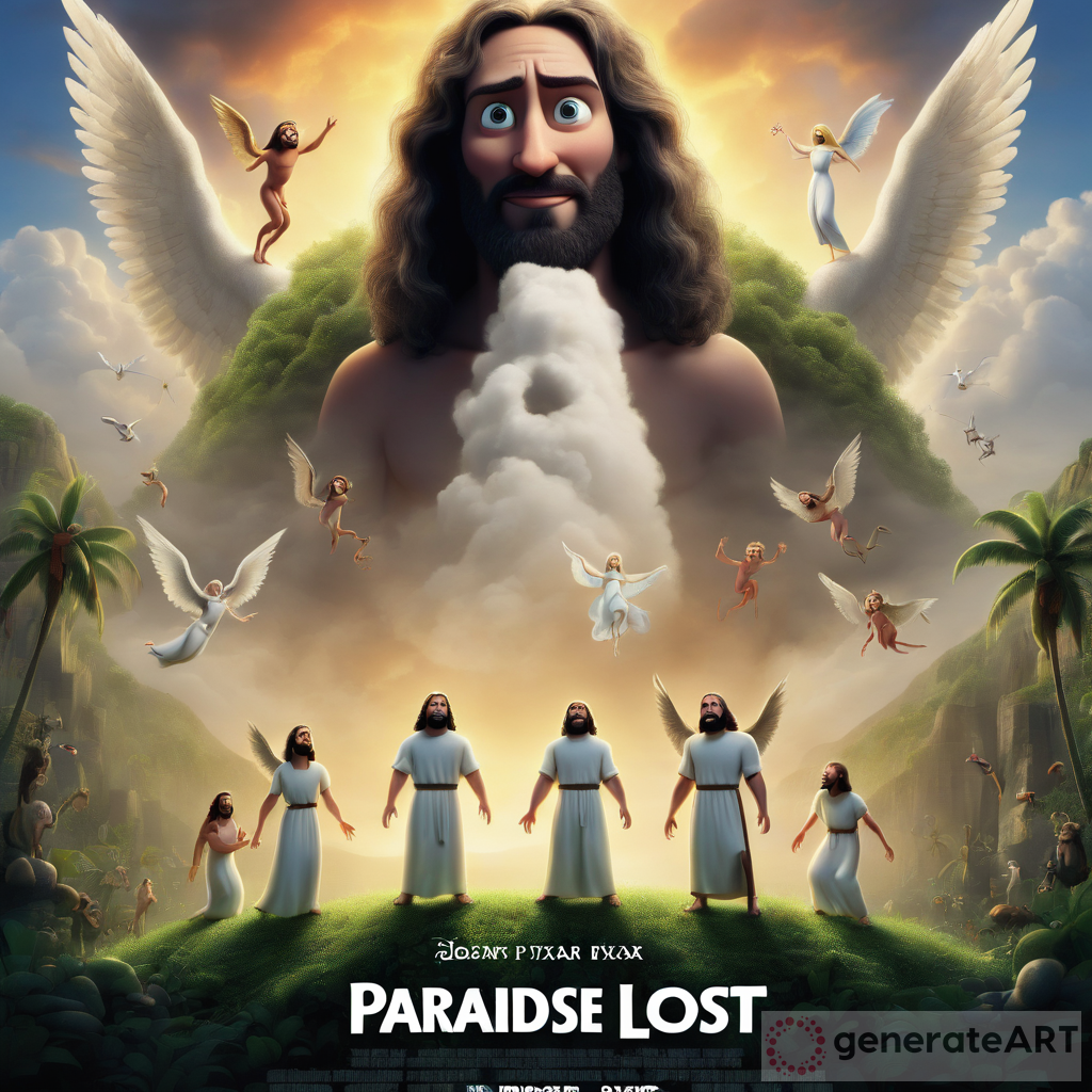 Pixar Paradise Lost Movie Poster with Jesus, Adam, Eve, Satan, Angels