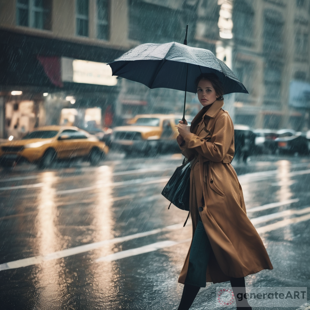 Rainy City Street: Woman in Coat and Umbrella