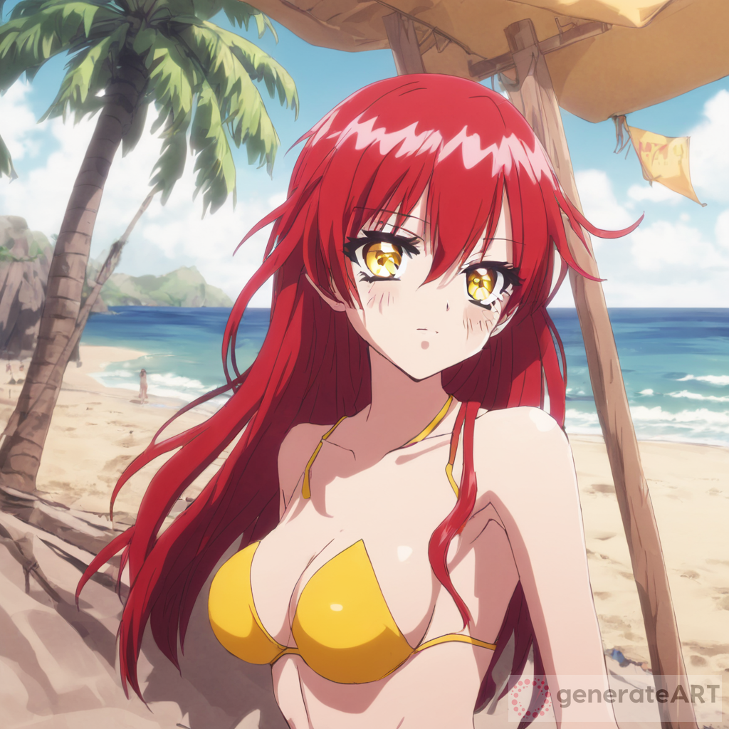 Anime Girl Red Hair Yellow Eyes at Beach