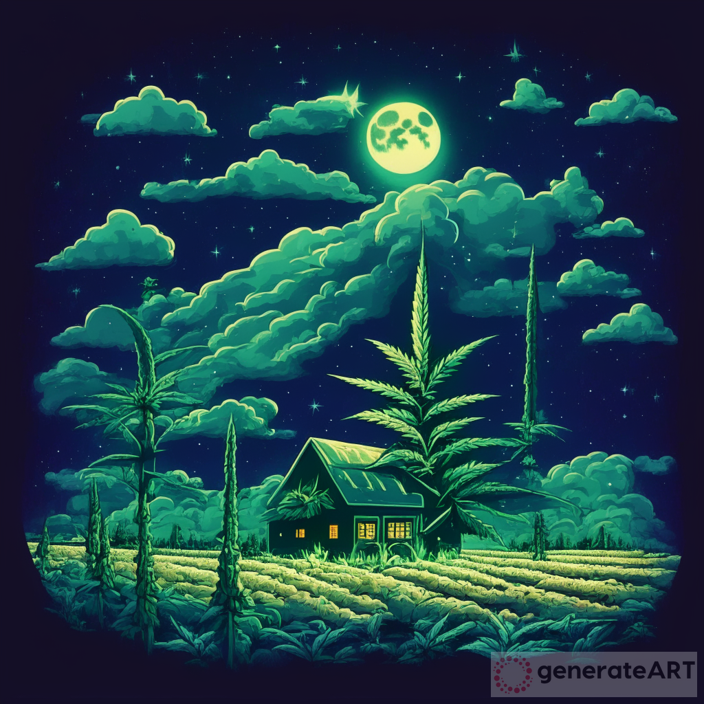 Charming Hemp Farm: Cartoon Marijuana Plants under Night Sky