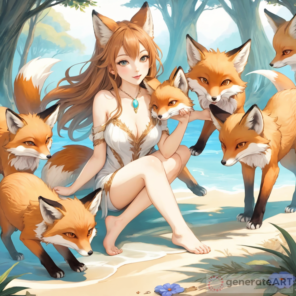 Tranquil Bliss: Barefoot Fox Girl with Two Licking Foxes
