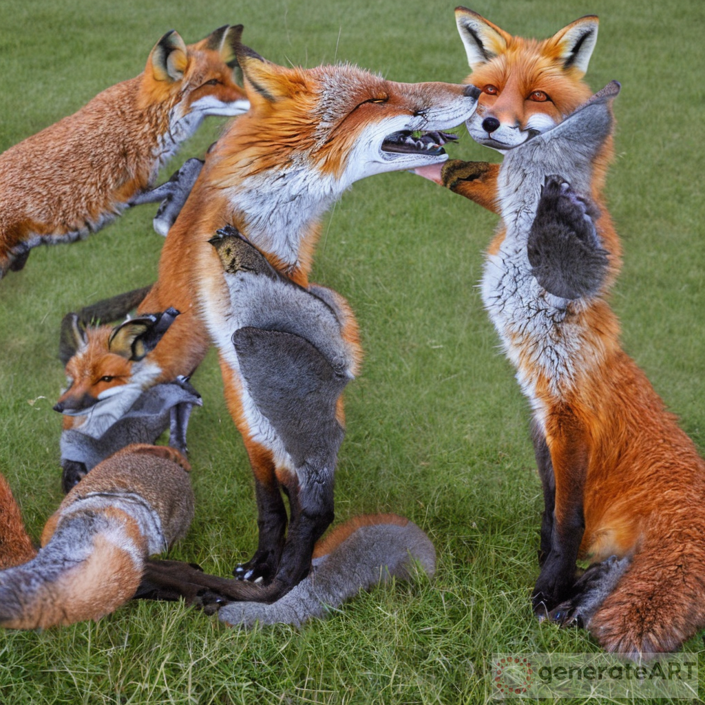 Barefoot Fox Girl Bonding with Two Foxes in Meadow