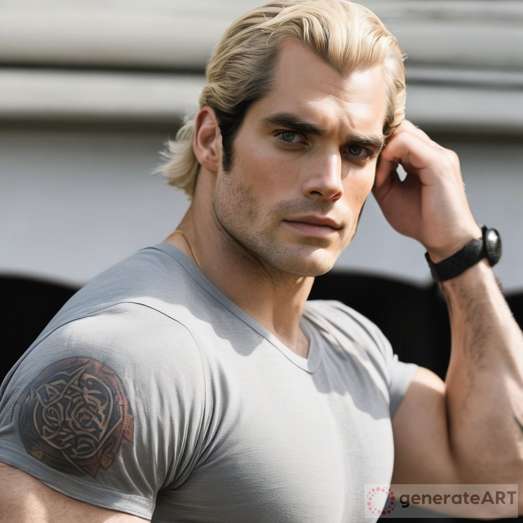 Henry Cavill Fan Art: White Blonde Hair, Grey Eyes, Tattoos | GenerateArt