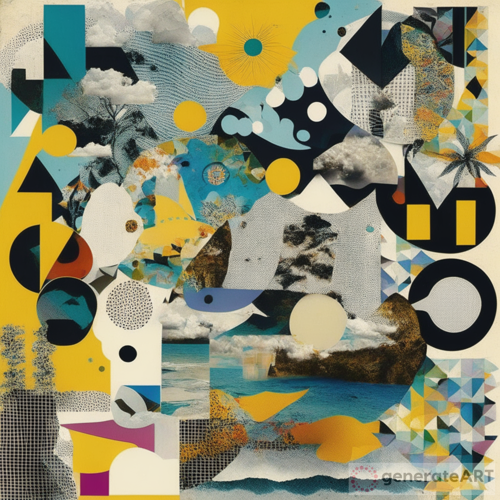 Complex Dadaism Collage: Waves, Sun, Clouds & Geometries