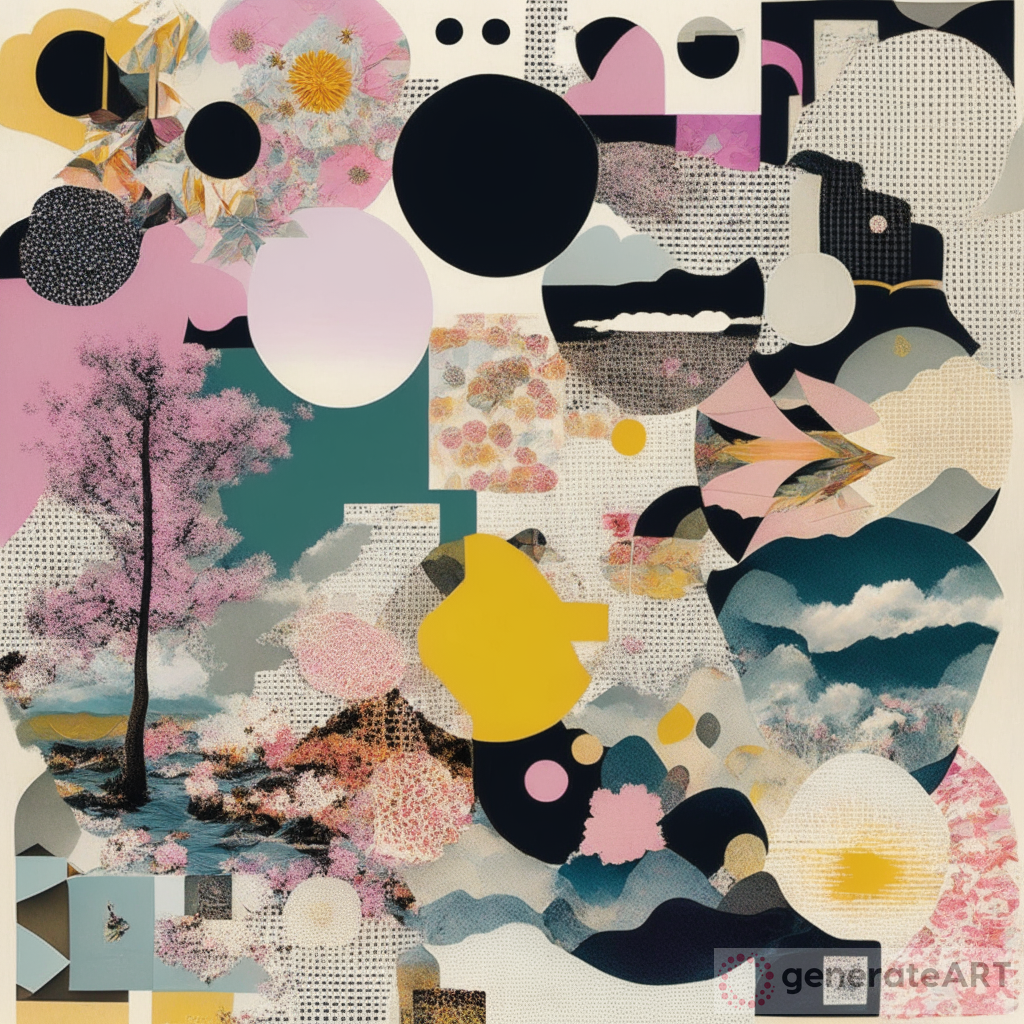 Detailed Dadaism Collage: Waves, Sun, Clouds & Japanese Landscapes
