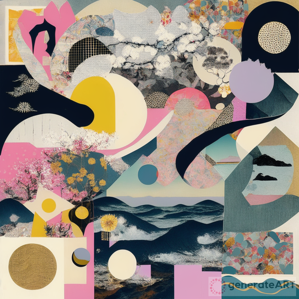 Dadaism Collage Painting: Waves, Sun, Clouds, Japanese Landscapes