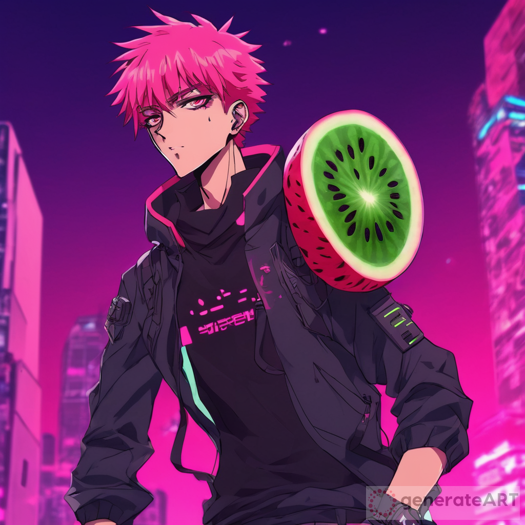 Cyberpunk Male Anime Character: Watermelon-Themed Design
