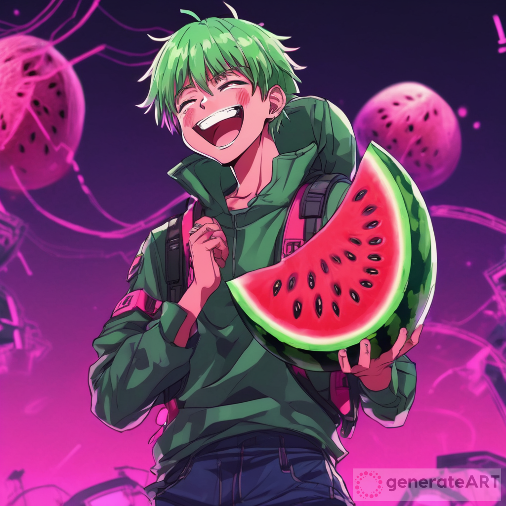 Watermelon Themed Male Anime Character Laughing Like Cyberpunk