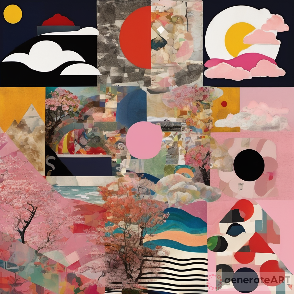 Dadaism Collage Art: Waves, Sun, Clouds, and Pink Landscapes