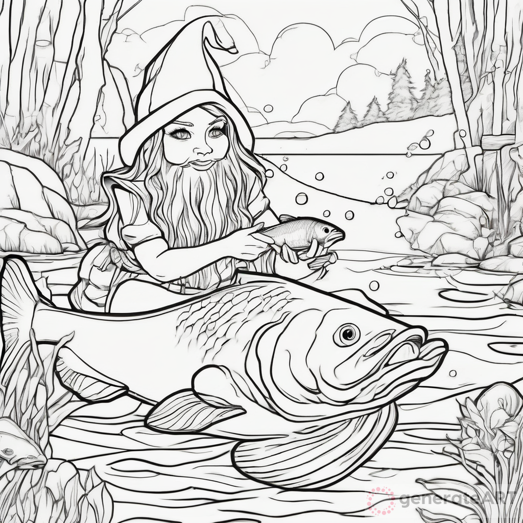 Gnome Female Catching Fish Coloring Page for Adults