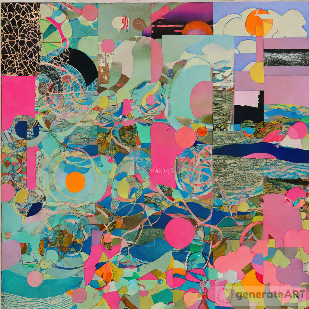 Vibrant Dadaism Collage: Waves, Sun, Clouds, Japanese Landscapes