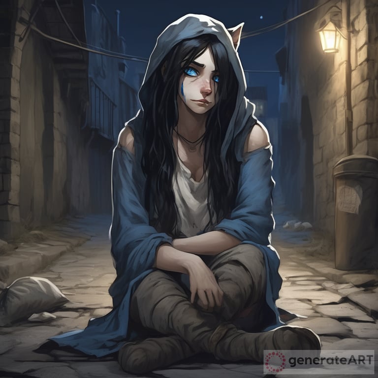 a homeless, sad and depressed catgirl with long black hair and blue eyes, that wears a dirty old torn white rag, sits in the floor in a dark alley during the night in a medieval fantasy world