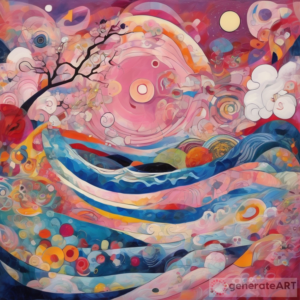 Detailed Abstract Painting with Waves and Japanese Landscapes
