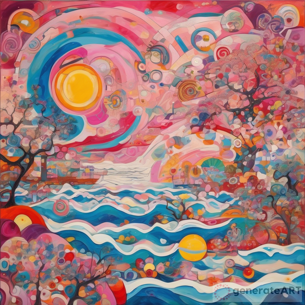 Detailed Abstract Painting with Japanese Landscapes and Geometries