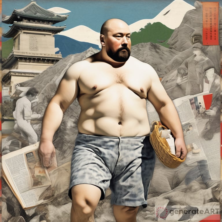 Dadaism composition with overlay of HD magazines photos,HD newspapers,HD advertisements & overlay of HD paintings.Ukiyo-e's style.Peculiar picnic of a REALISTIC creatively body-painted chubby muscular mid-age smooth white American man with short beard & very short hair (walking slowly, seen from behind):an artful adventure in Italy among Italian monuments.Smooth shades,smooth colors.Red sun,blue grass,bursting clouds.Sky is yellow.All colors muted.Urban settings