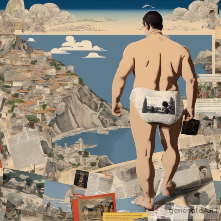 Dadaism composition with overlay of HD magazines photos, HD newspapers, HD advertisements & overlay of HD paintings. Ukiyo-e's style. Peculiar picnic of a creatively body-painted chubby muscular mid-age smooth white American man with short beard & very short hair (walking slowly, seen from behind): an artful adventure in Italy among Italian monuments. Smooth shades, smooth colors. Red sun, blue grass, bursting clouds. Sky is yellow. All colors muted. Urban settings