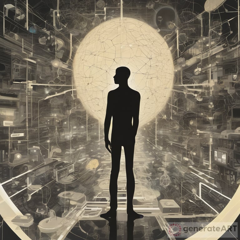 The artwork depicts a silhouette of a human figure standing amidst a complex network of interconnected technological devices, symbolizing the pervasive influence of science and technology on modern society. The background is filled with images of futuristic cities, robots, and digital screens, emphasizing the omnipresence of technology in our lives. The human figure is looking contemplatively at a glowing orb representing knowledge and innovation, highlighting the dual nature of technology as both a tool for progress and a potential threat to human existence