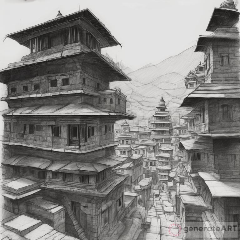 Creative drawing from imagination as reference to nepali artitecture