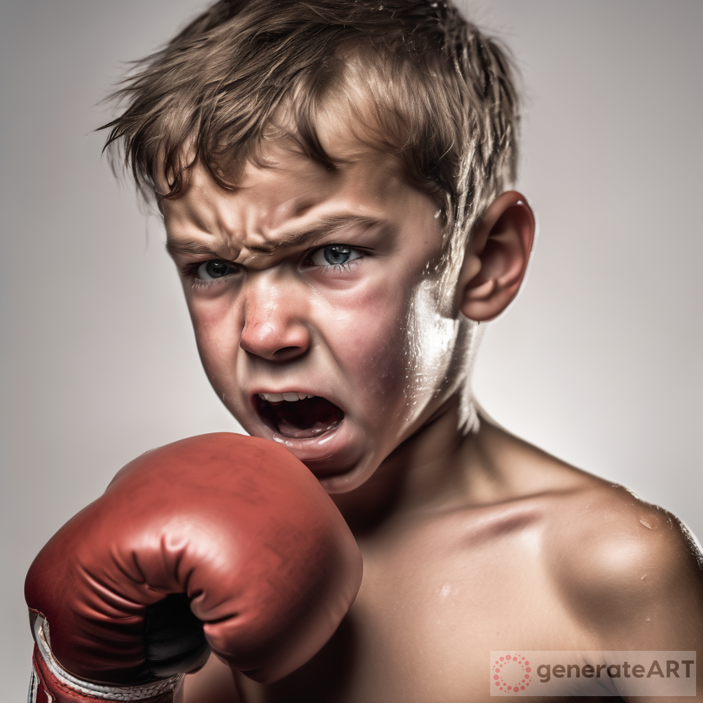 Angry Shirtless Young Boy Boxing Close-Up