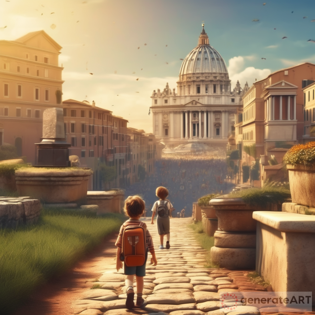 Whimsical Back Child Traveller in 3D Rome Landscape