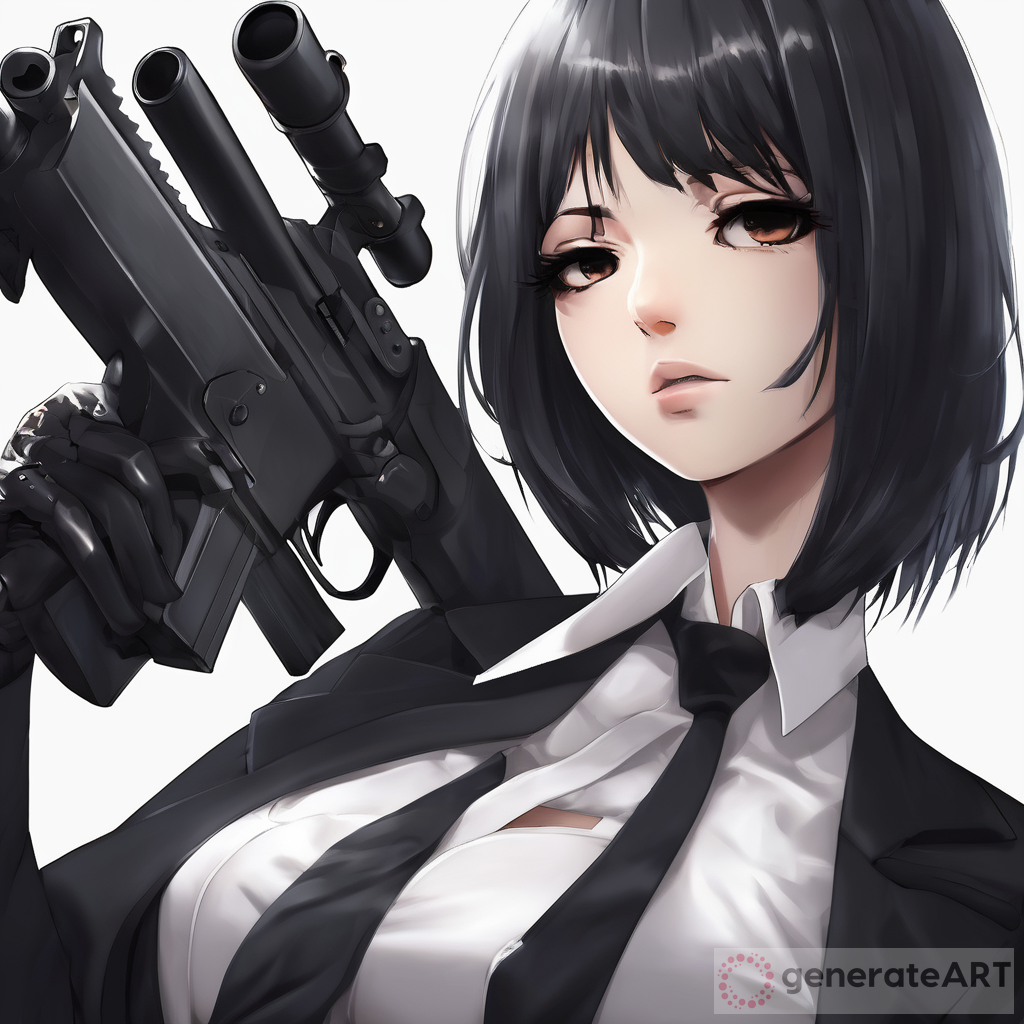 Anime Women: White Skin, Black Hair, Mafia Hitman Suit, Black Light Machinegun