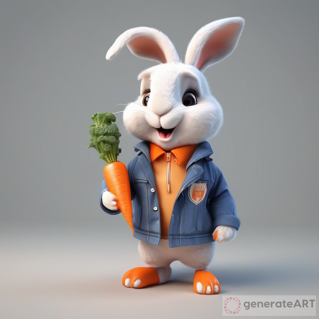 Cute rabbit wearing a jacket, eating a carrot, 3D Style, rendering