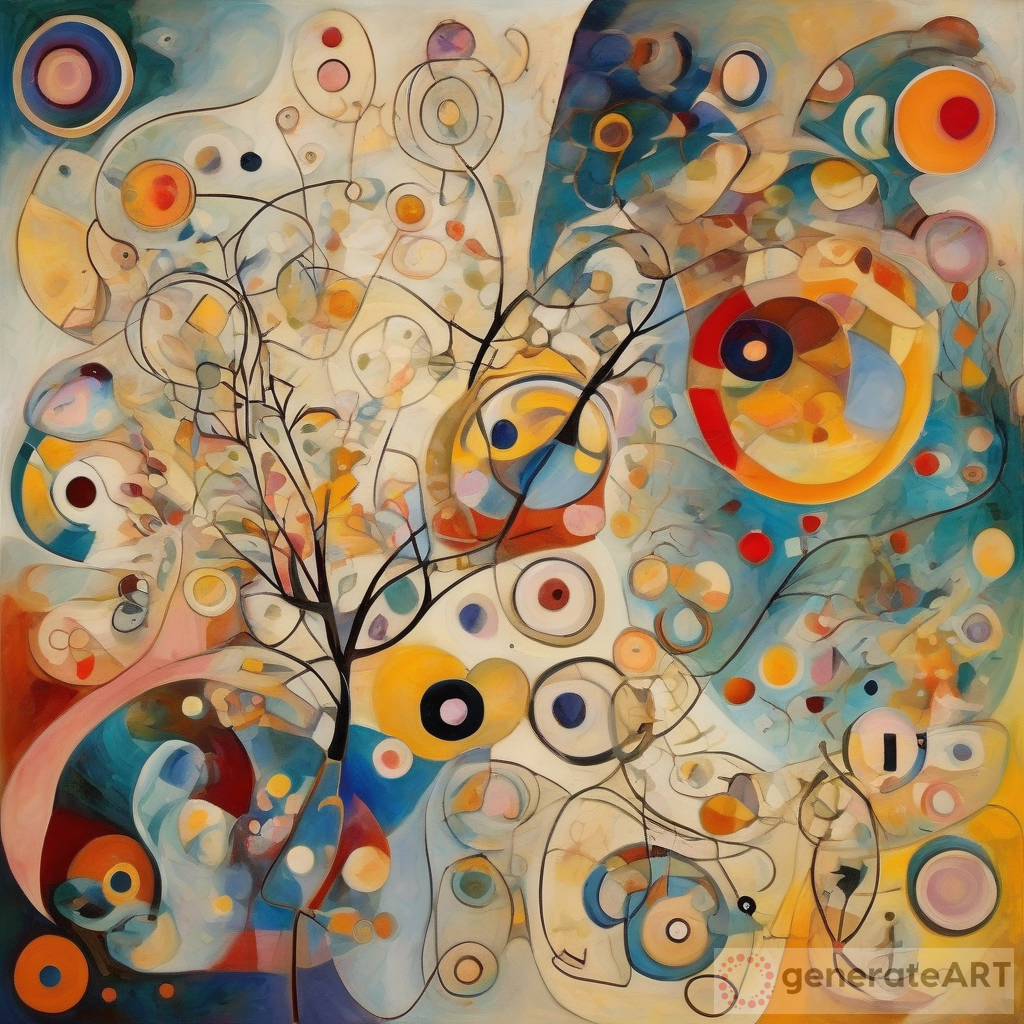 Creative and incredile picture with patterns. Delicate colors scheme. Very Detailed and rich abstract painting showing irregular unusual shapes with textures inside. Irregular lines with variable thickness, curves, circles, shapes, flowers, floreal branches with fruits from trees blooming. Very complex Kandinsky's geometries and Klimt's patterns