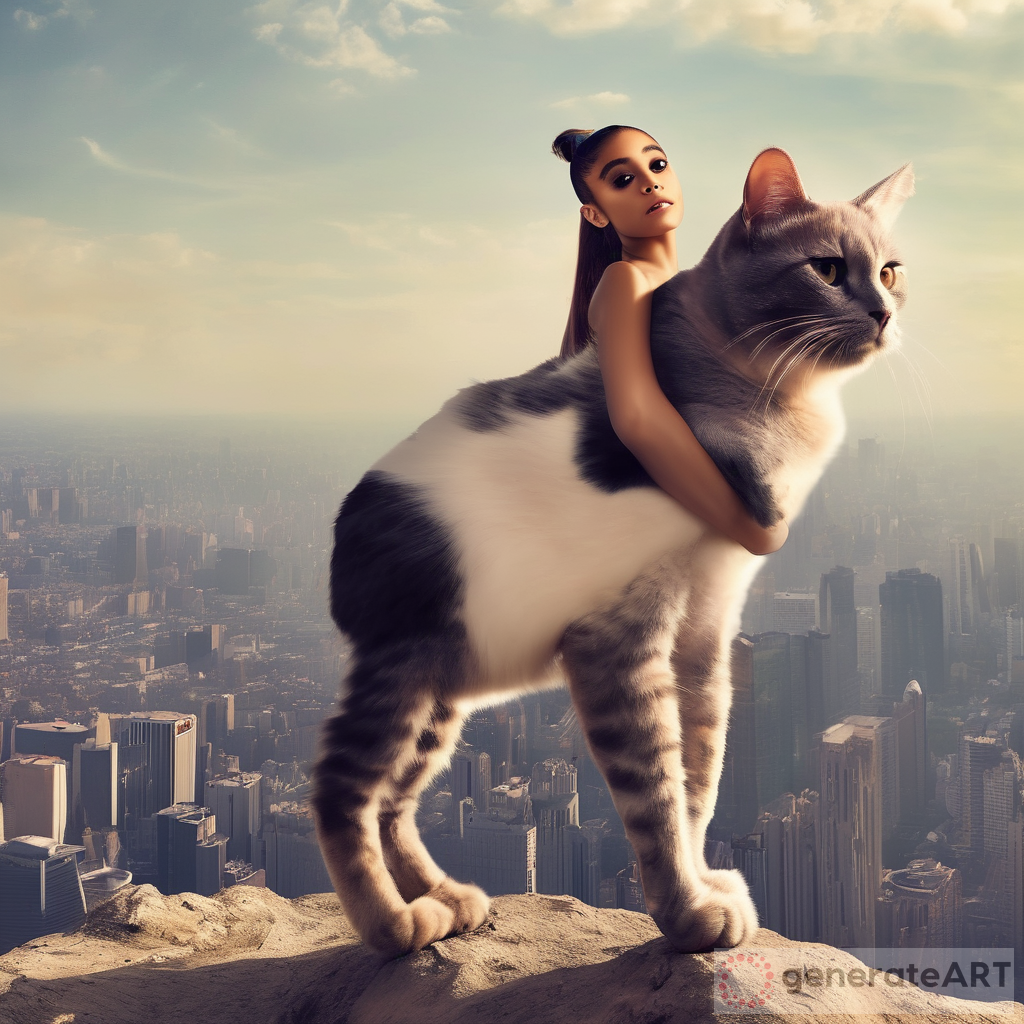 Ariana Grande riding a calico cat on top earth