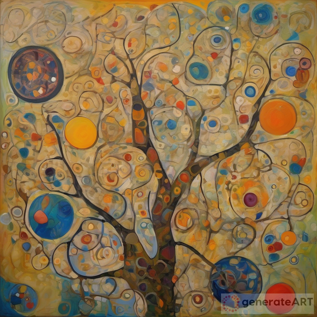 Very Detailed and rich abstract painting showing irregular unusual shapes with textures inside. Irregular lines with variable thickness, curves, circles, shapes, flowers, floreal branches with fruits from trees blooming. Klimt's patterns