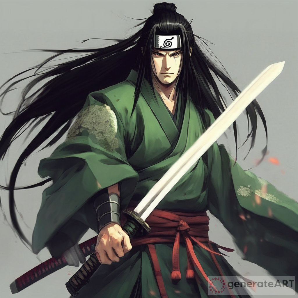 Epic Samurai in Light Armor: Long Black Hair, Green Eyes, Naruto Katana
