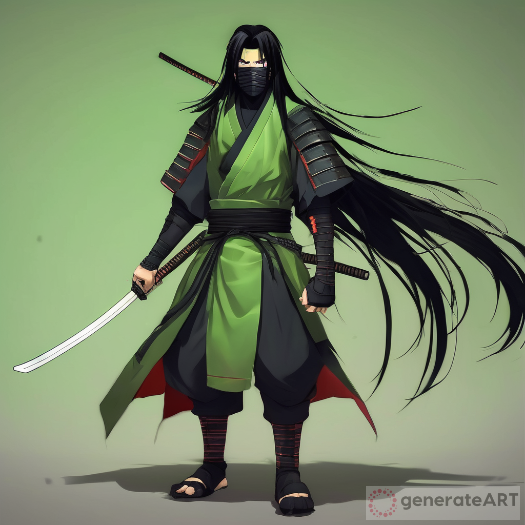Epic Samurai In Light Armor: Long Black Hair, Green Eyes, Naruto Style Katana, Naruto Style Full Face Metal Mask