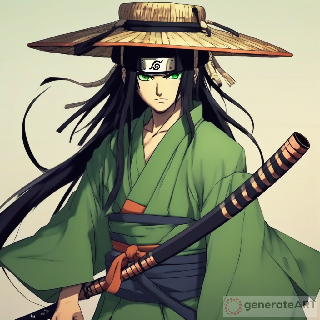 Epic Samurai : Long Black Hair, Green Eyes, Naruto Style Katana, Naruto Style Straw Hat