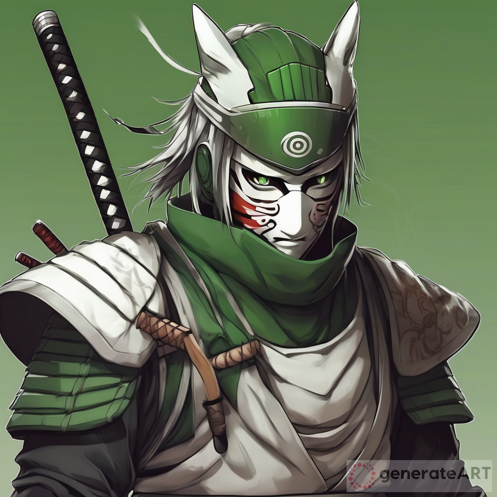 Epic Samurai In Light Armor: Long Short Hair, Green Eyes, Naruto Style Katana, Naruto Style Anbu Metal Mask