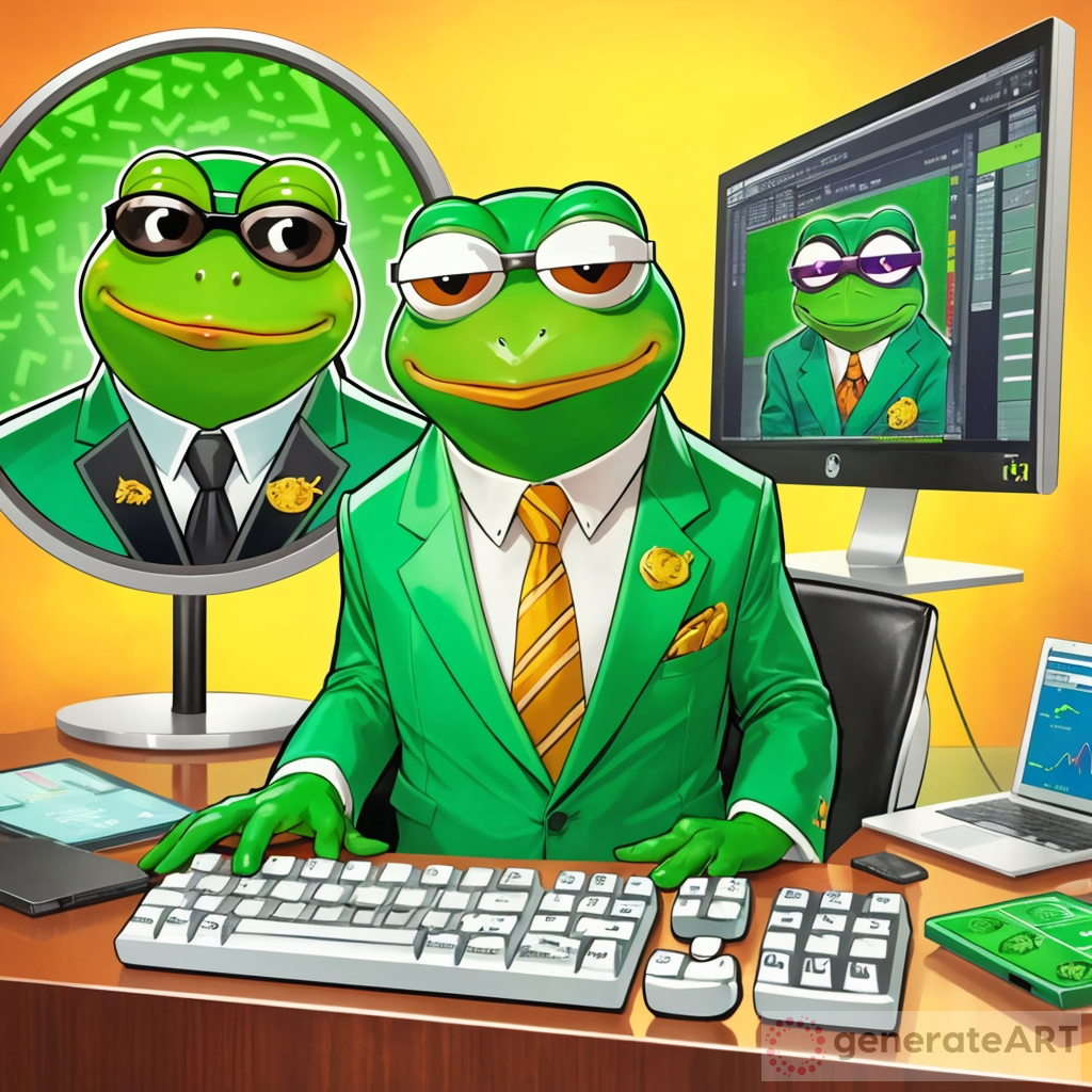 The image of Pepe the Frog trading shows the popular internet meme character depicted as a trader or financial analyst. Pepe has his signature green frog skin and sad, expressive eyes. He is wearing a formal suit and tie, giving him a professional appearance. He sits at a desk cluttered with multiple computer screens displaying financial charts and graphs, indicating his focus on trading stocks or other assets. His webbed hands hover over a keyboard, suggesting he is actively involved in making trades or monitoring market trends. The background might feature financial data or other trading-related images, emphasizing Pepe's role as a serious and dedicated trader in the fast-paced world of finance