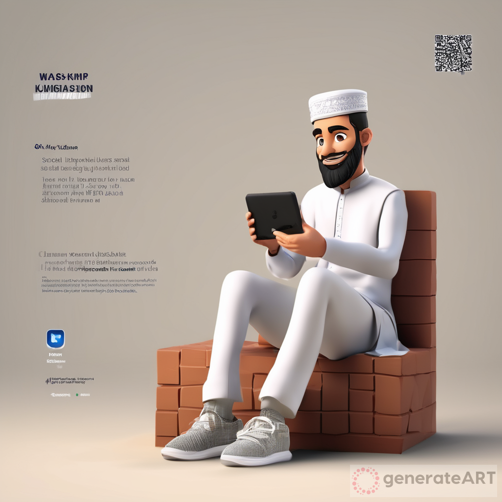 Check out this amazing 3D illustration of an animated character sitting casually on top of a social media whttsapp! The character is wearing traditional Islamic attire including a kurta, payjama, and sneakers. The background features a social media profile page with the username “Waseem khan” and a matching profile picture
