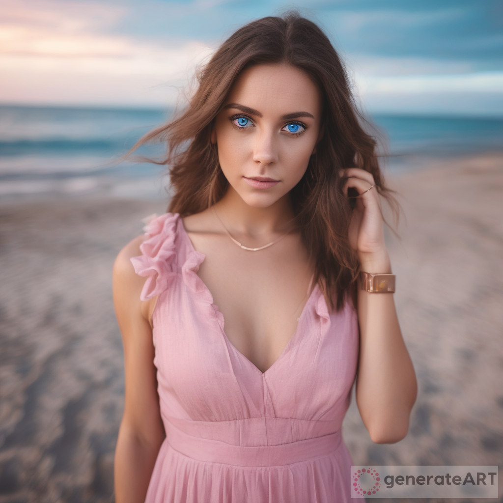 female woman with pink dress with blue ocean eyes, brown pretty hair on her phone