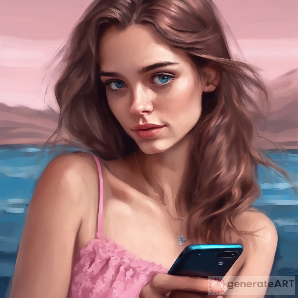 female woman with pink dress with blue ocean eyes, brown pretty hair on her phone art